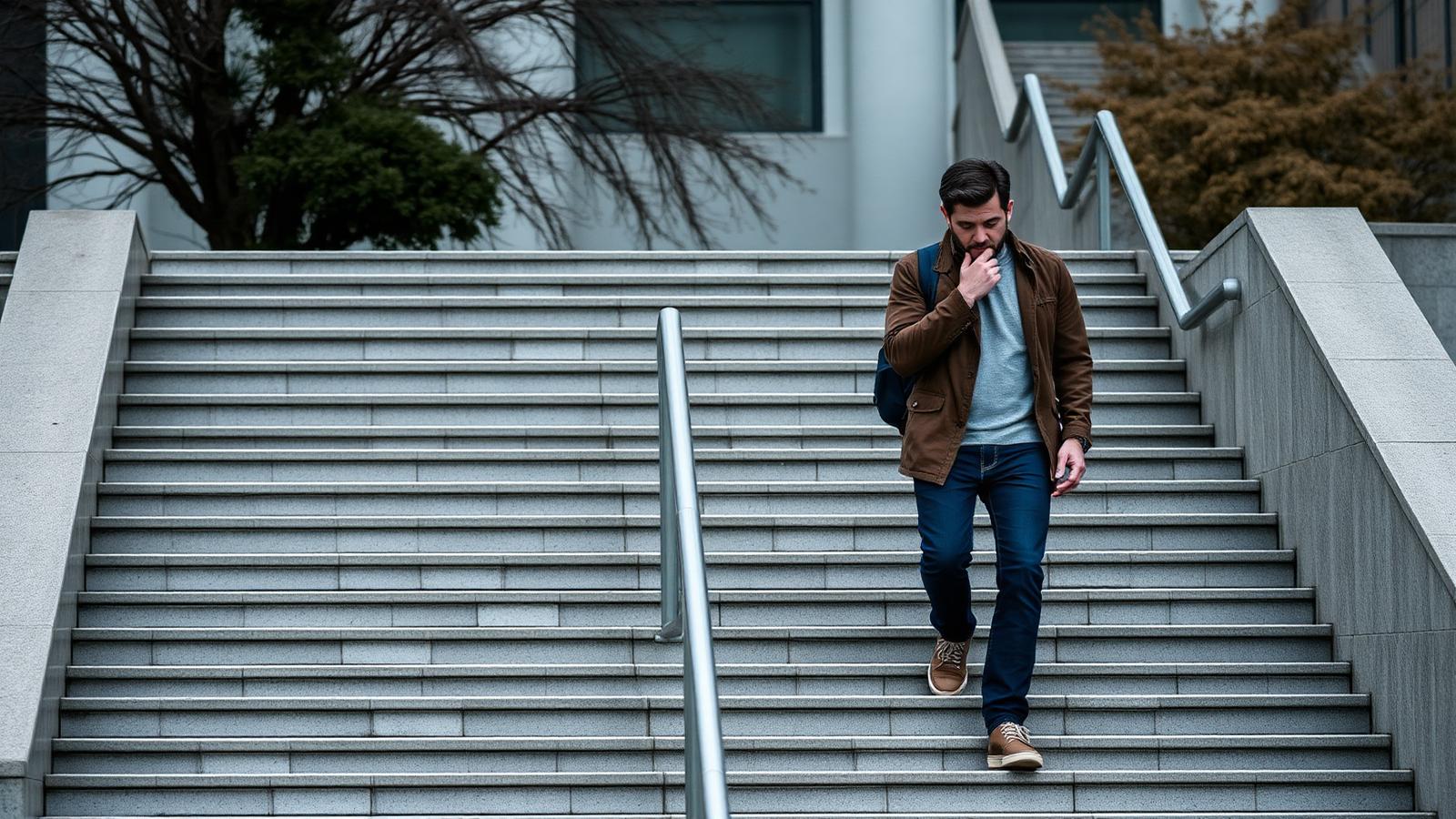 Pessoa adulta fazendo uma pausa em uma escada ao ar livre após caminhada